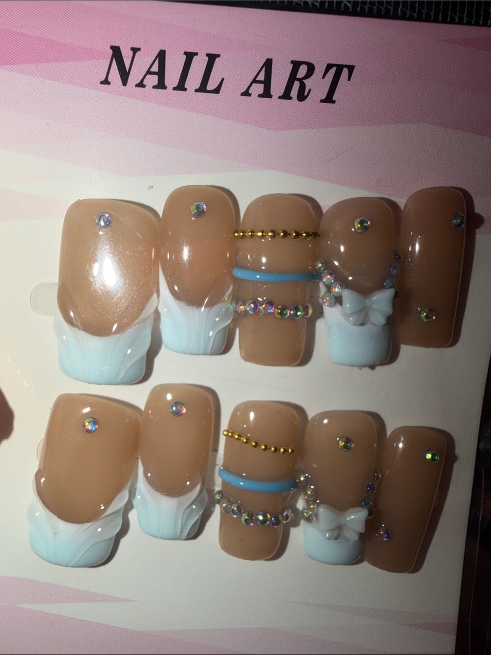 3D Nude & White Bow Press-On Nail Set with Rhinestones